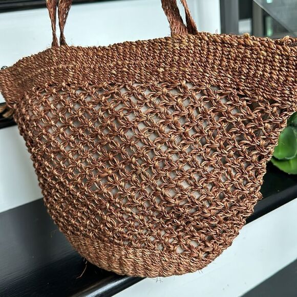 Woven shoulder tote purse straw zipper top relaxed boho fall - Picture 3 of 10